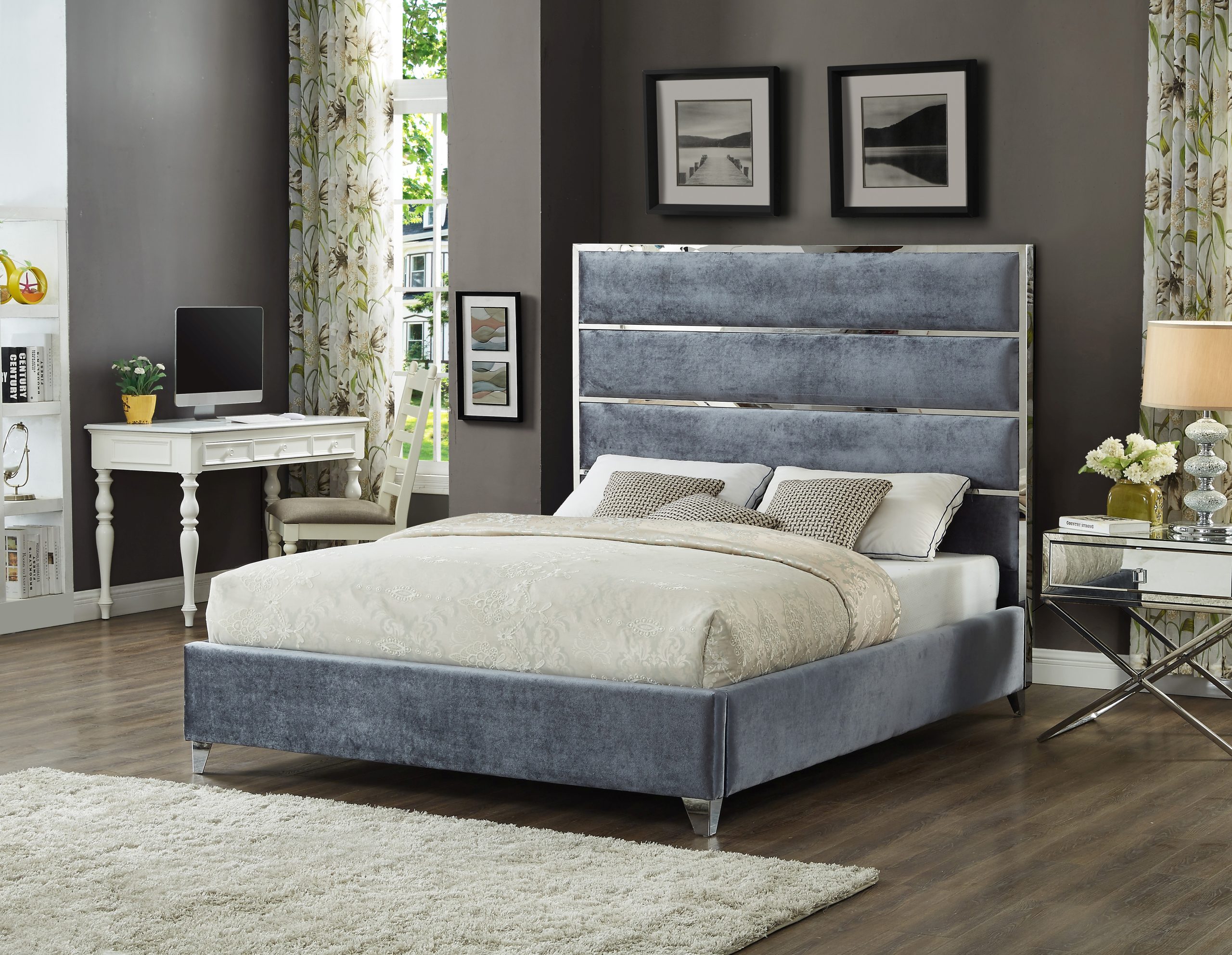 Lauren Beige Velvet Upholstered Platform Bed - Image 2