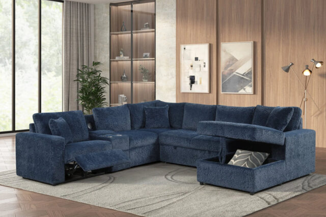 Hunter Blue Sectional with Bluetooth Speaker & Pull-Out Bed
