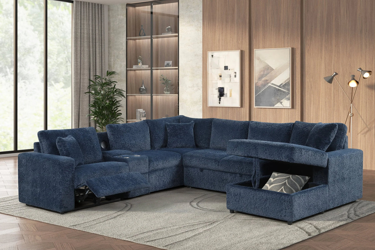 Hunter Blue Sectional with Bluetooth Speaker & Pull-Out Bed