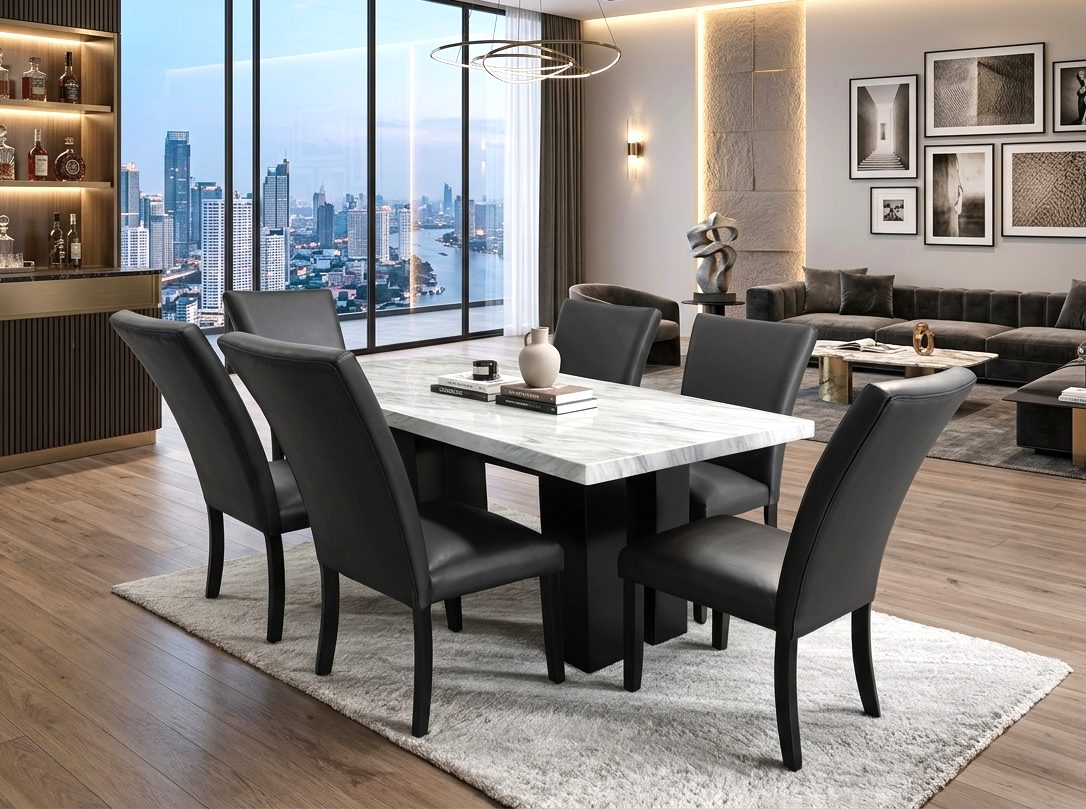 Oslo PU Black Faux Marble 7-Piece Dining Room Set
