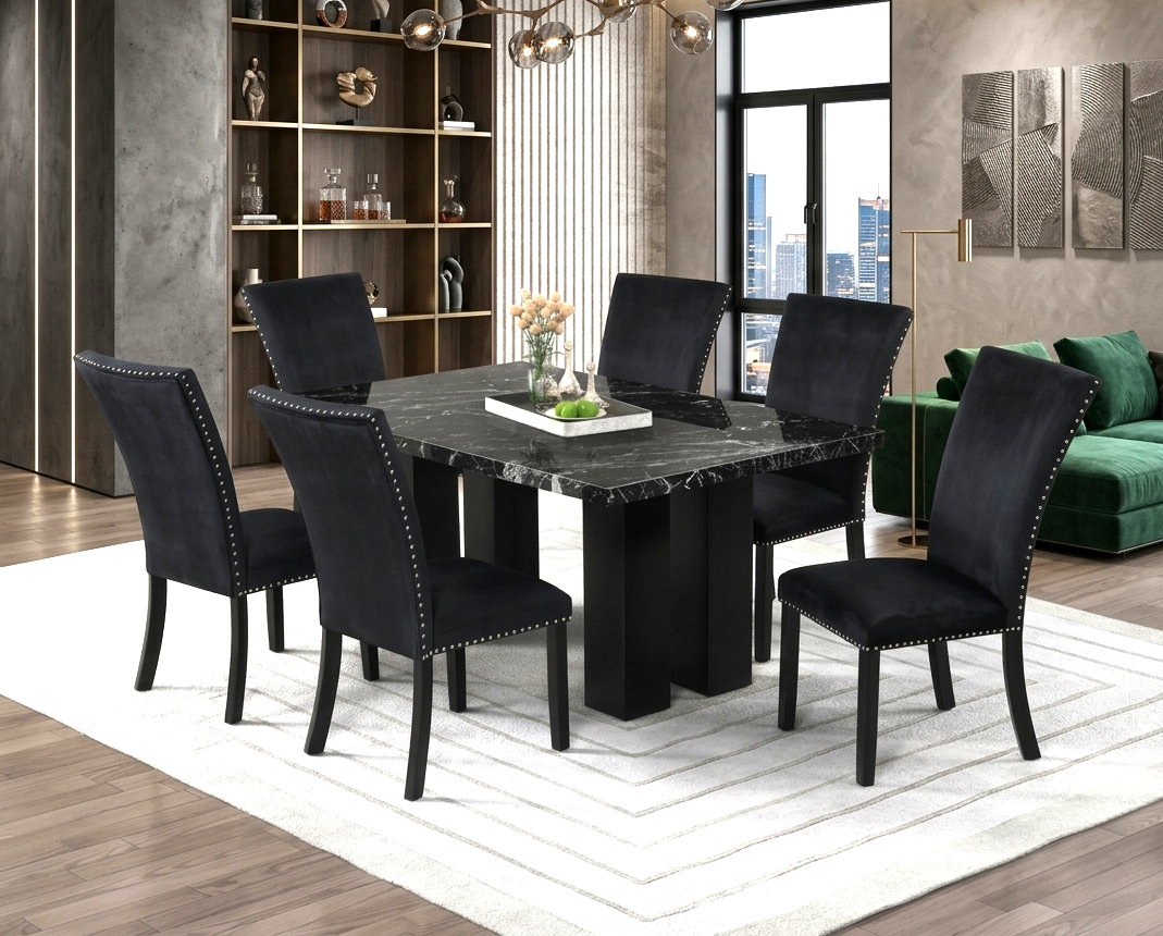 Oslo Onyx Black 7-Piece Faux Marble Dining Set