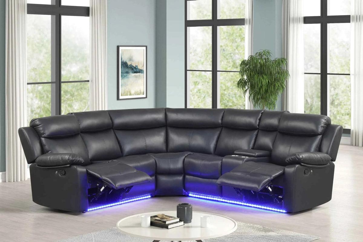 Super Black Leather Gel Reclining Sectional