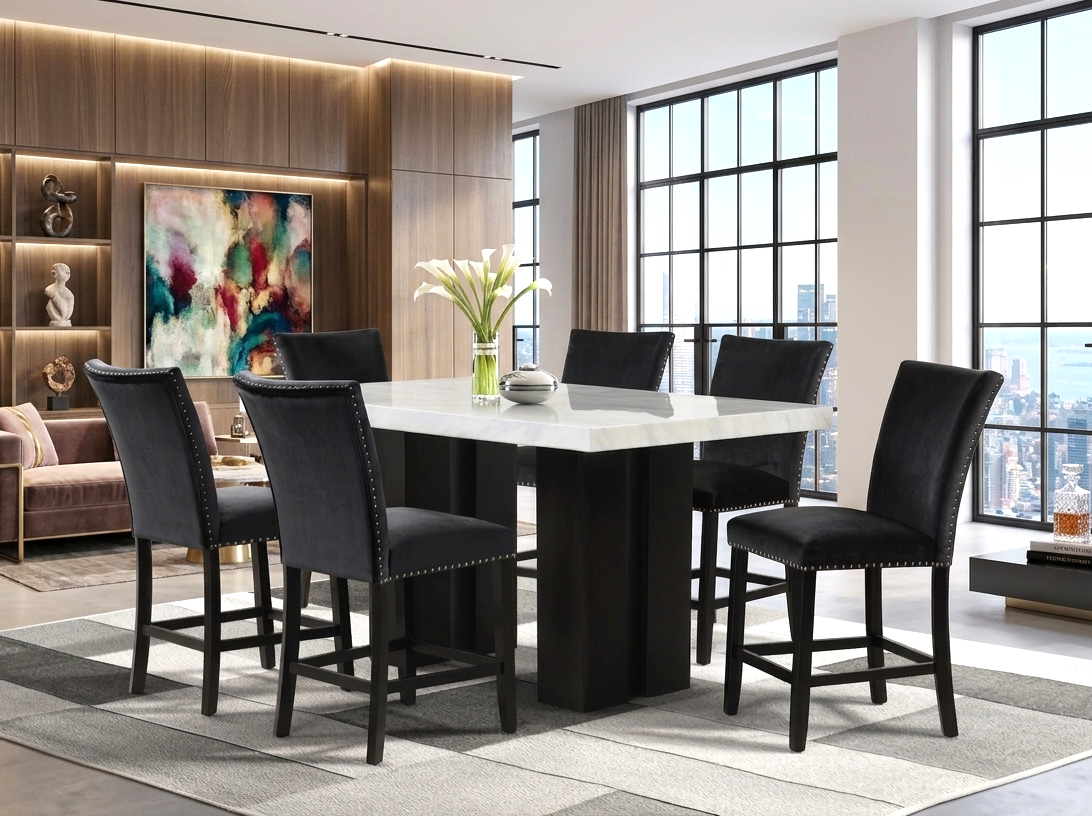 Stockholm Black 7-Piece Faux Marble Counter Height Set