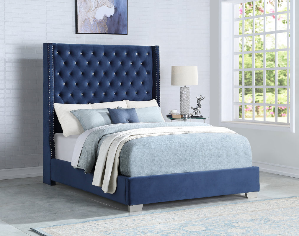 Diamond Tufted Blue Velvet 6 FT Queen Bed