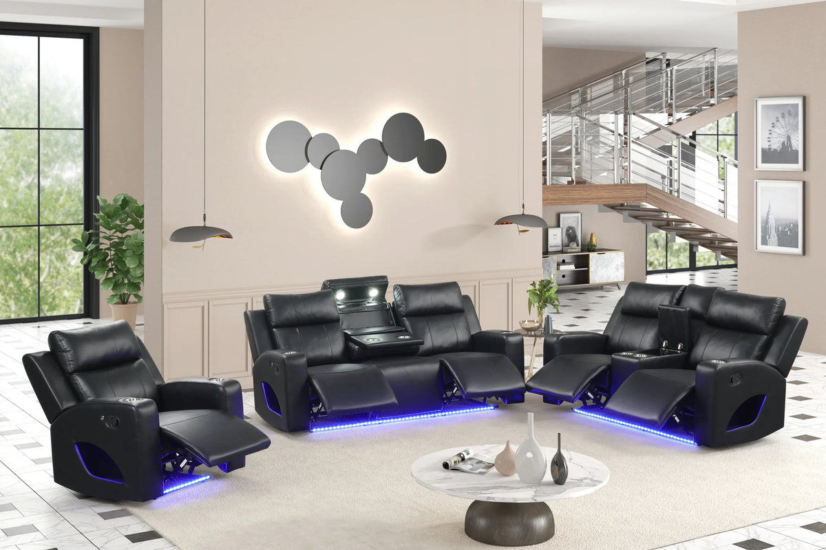 Pinnacle Black Leather 3-Piece Reclining Living Room Set