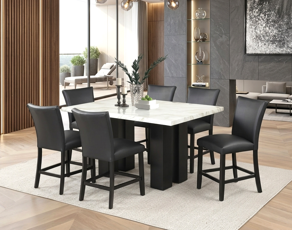 Stockholm PU Black 7-Piece Faux Marble Counter Height Set