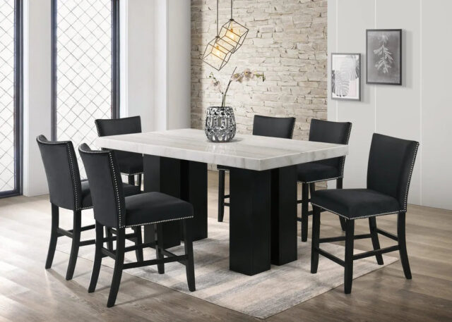 Finley Black Genuine Marble  7-Piece Counter Height Dining Set