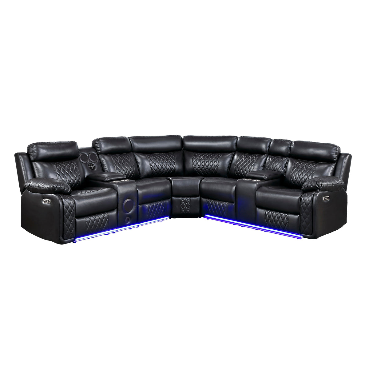 Cipher Black 3-Piece Power Reclining Sectional with Two Consoles, Speakers, Subwoofer, LED Lighting and Charging Port