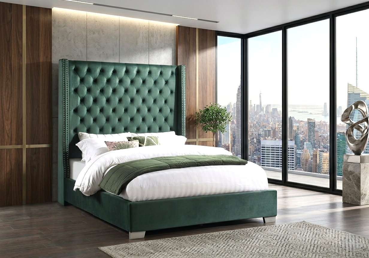 Willa Green Diamond Tufted King Bed