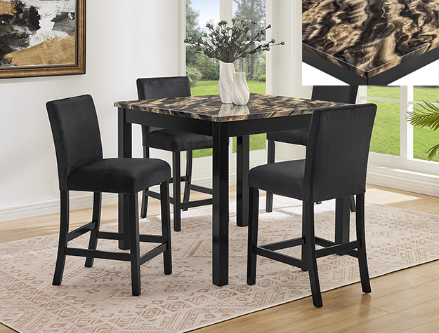 1715GBK Lennon Gold and Black Faux Marble Counter Height Dining Set