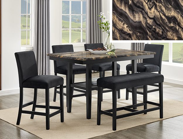 1718GBK Marbel Gold and Black Faux Marble Counter Height Dining Set