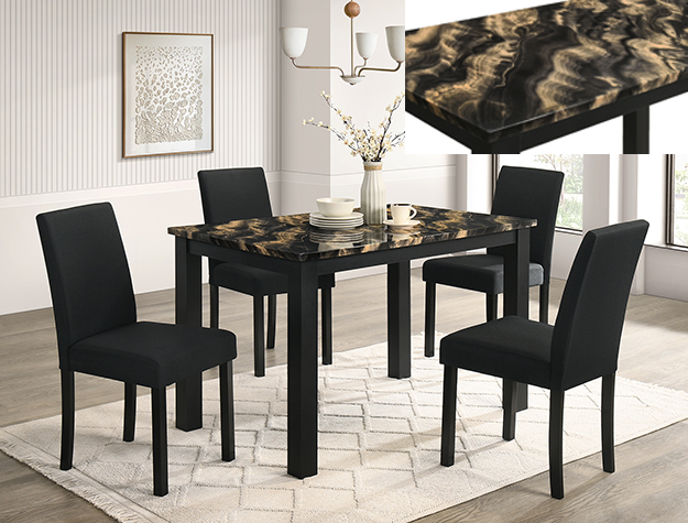 2120GBK Resia Gold and Black Faux Marble Dining Set