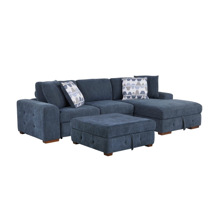 9624BU*32LRC Raife Blue 3-Piece Sectional with Right Chaise, Pull-out Bed and Ottoman