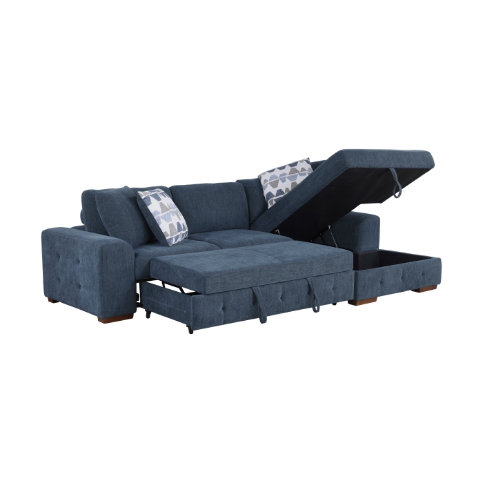 9624BU*32LRC Raife Blue 3-Piece Sectional with Right Chaise, Pull-out Bed and Ottoman
