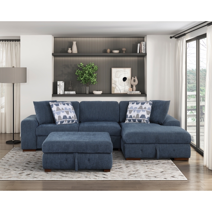 9624BU*32LRC Raife Blue 3-Piece Sectional with Right Chaise, Pull-out Bed and Ottoman