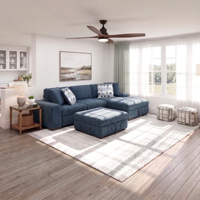 9624BU*32LRC Raife Blue 3-Piece Sectional with Right Chaise, Pull-out Bed and Ottoman