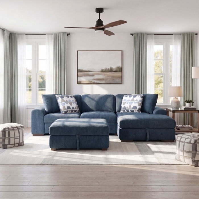 9624BU*32LRC Raife Blue 3-Piece Sectional with Right Chaise, Pull-out Bed and Ottoman