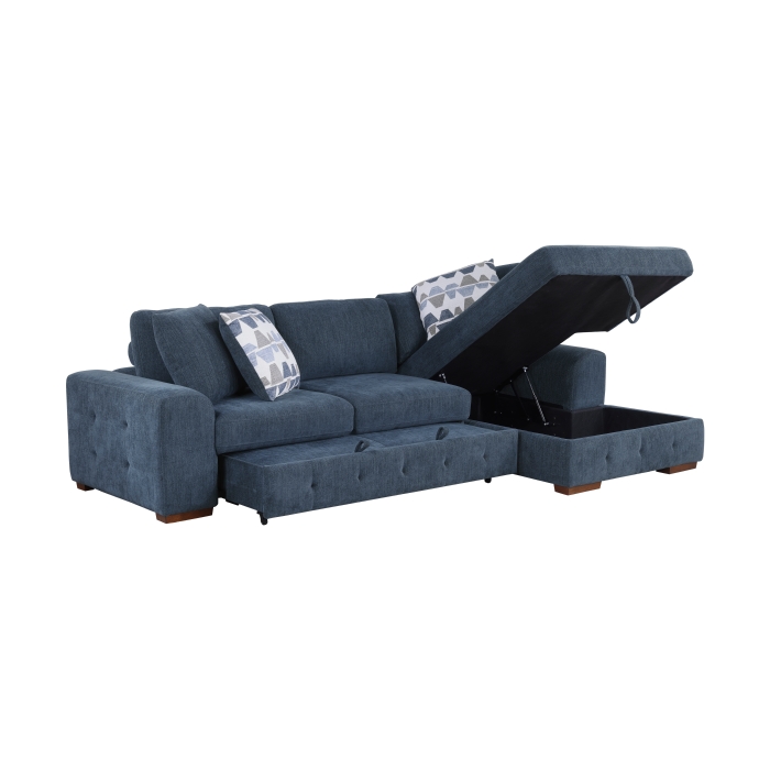9624BU*32LRC Raife Blue 3-Piece Sectional with Right Chaise, Pull-out Bed and Ottoman