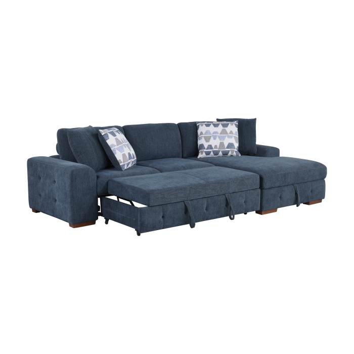 9624BU*32LRC Raife Blue 3-Piece Sectional with Right Chaise, Pull-out Bed and Ottoman