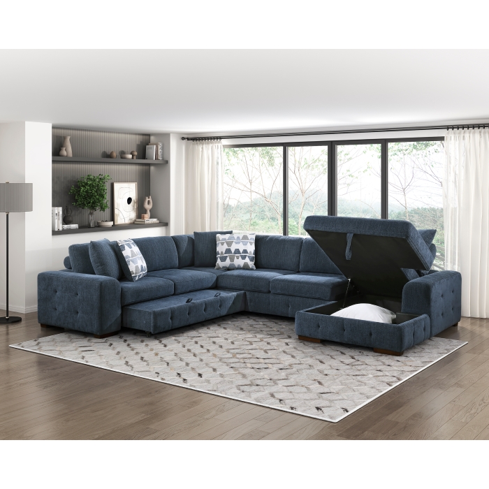 9624BU*42LRC Raife Blue 4-Piece Sectional with Right Chaise and Pull-out Bed