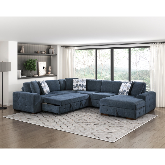 9624BU*42LRC Raife Blue 4-Piece Sectional with Right Chaise and Pull-out Bed