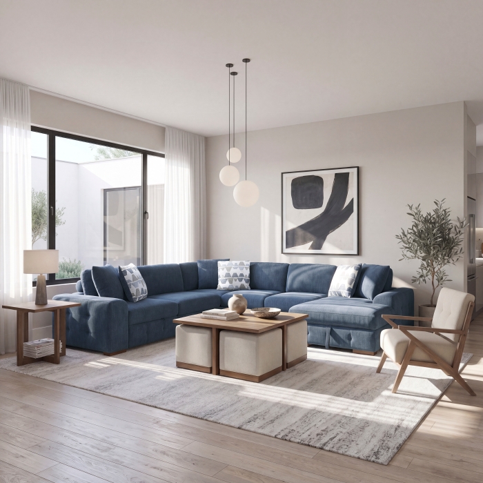 9624BU*42LRC Raife Blue 4-Piece Sectional with Right Chaise and Pull-out Bed