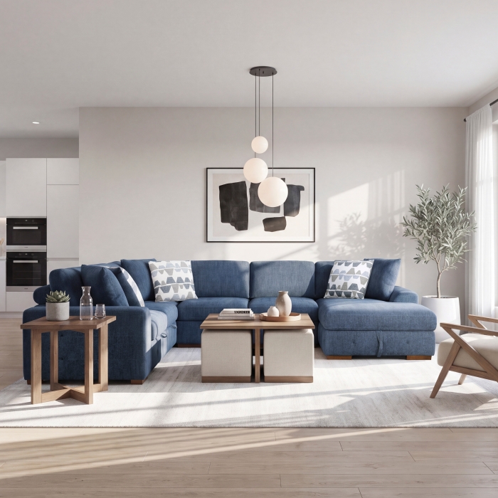 9624BU*42LRC Raife Blue 4-Piece Sectional with Right Chaise and Pull-out Bed