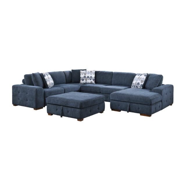 9624BU*52LRC Raife Blue 5-Piece Sectional with Right Chaise, Pull-out Bed and Ottoman