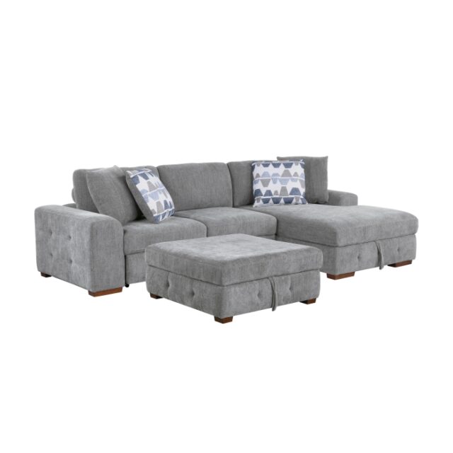 9624GY*32LRC Raife Gray 3-Piece Sectional with Right Chaise, Pull-out Bed and Ottoman