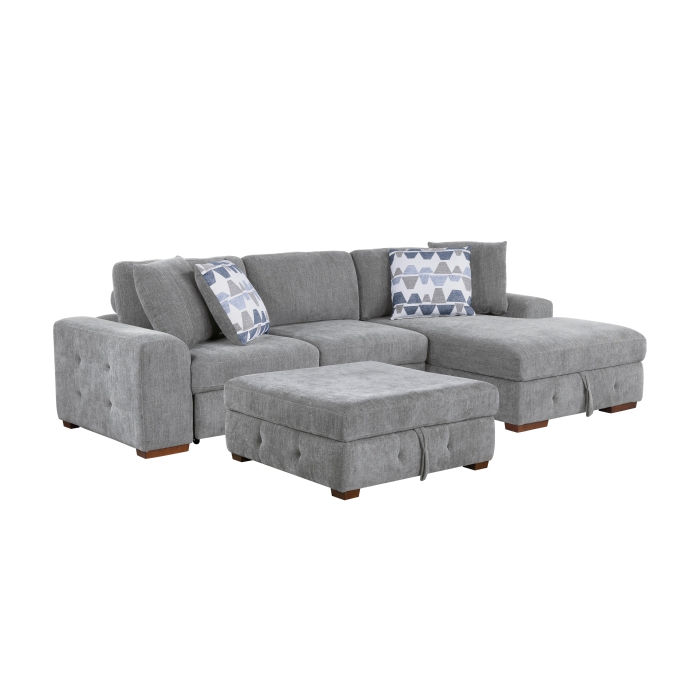 9624GY*32LRC Raife Gray 3-Piece Sectional with Right Chaise, Pull-out Bed and Ottoman
