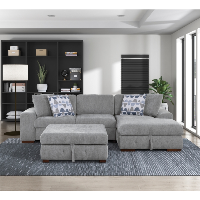 9624GY*32LRC Raife Gray 3-Piece Sectional with Right Chaise, Pull-out Bed and Ottoman