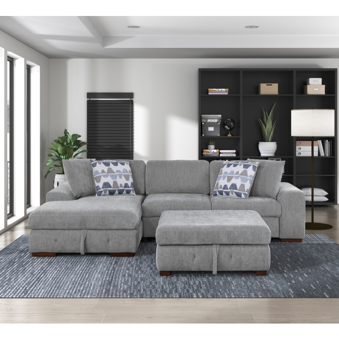 9624GY*3LC2R Raife Gray 3-Piece Sectional with Left Chaise, Pull-out Bed and Ottoman