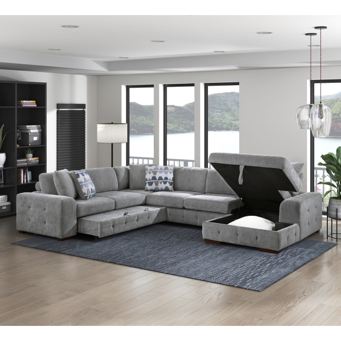 9624GY*42LRC Raife Gray 4-Piece Sectional with Right Chaise and Pull-out Bed