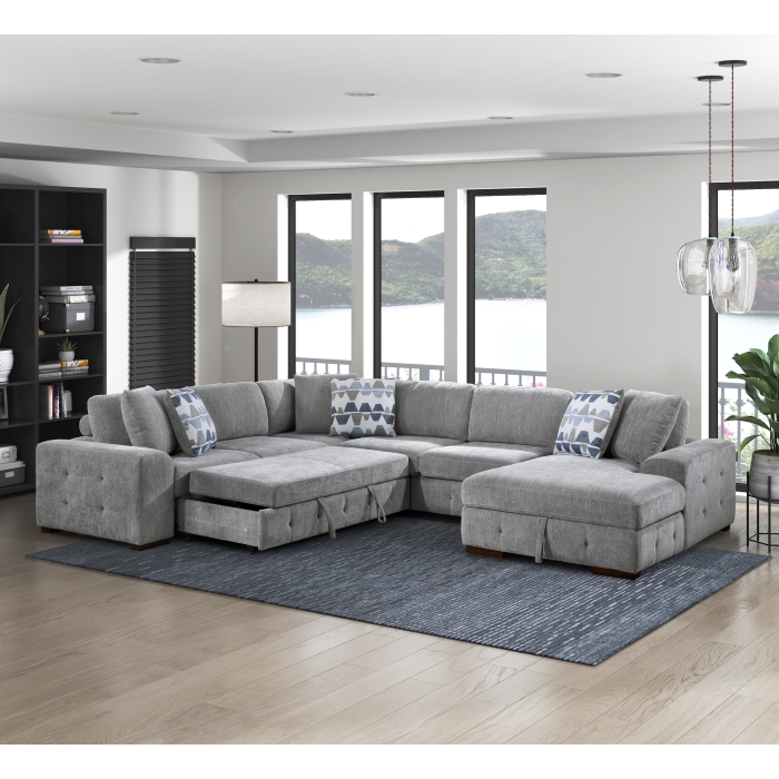 9624GY*42LRC Raife Gray 4-Piece Sectional with Right Chaise and Pull-out Bed