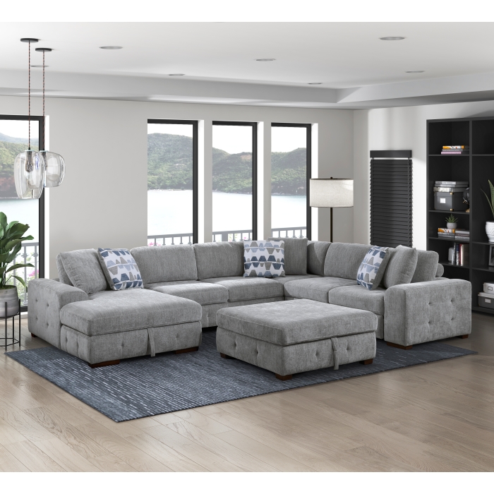 9624GY*5LC2R Raife Gray 5-Piece Sectional with Left Chaise, Pull-out Bed and Ottoman