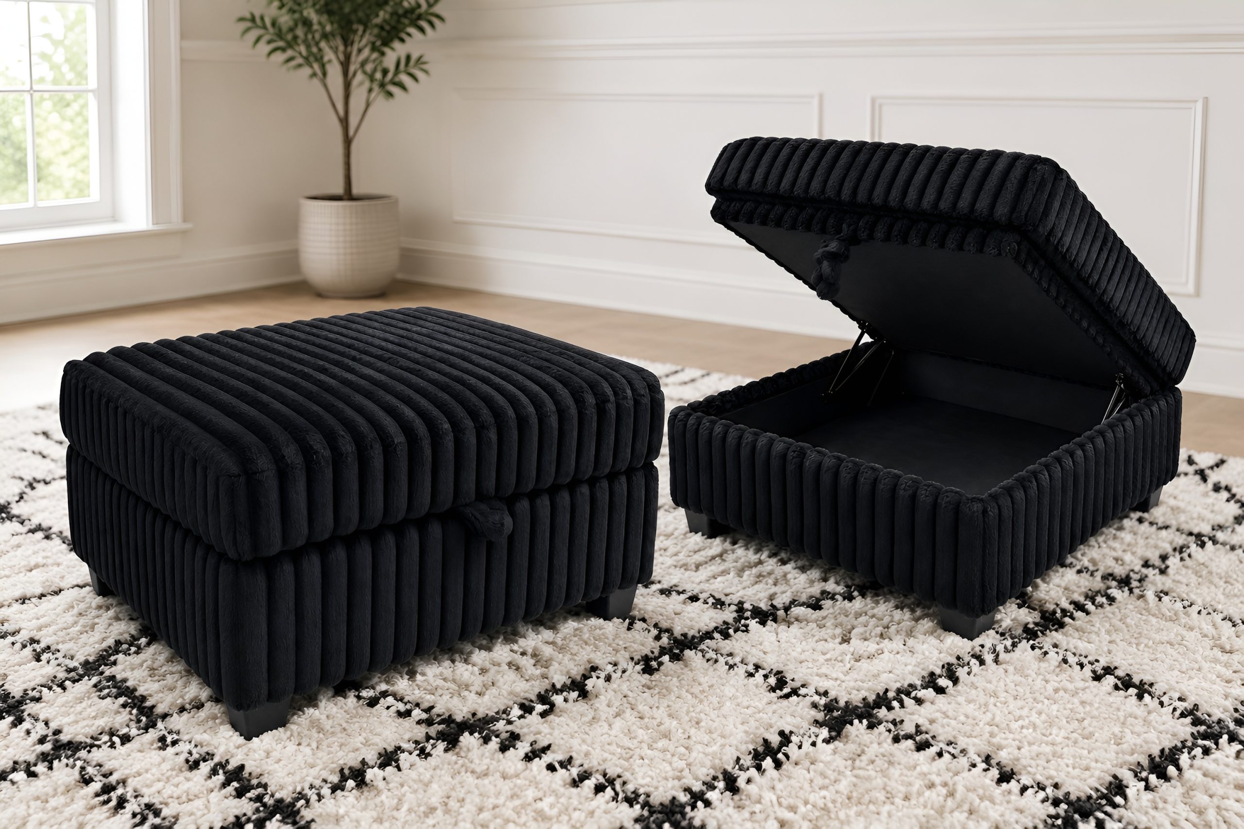 Black Fluffy Corduroy Storage Ottoman