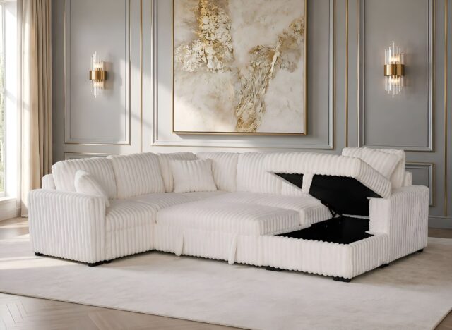 Belfort Beige Fluffy Corduroy Sleeper Sectional with Storage Chaise