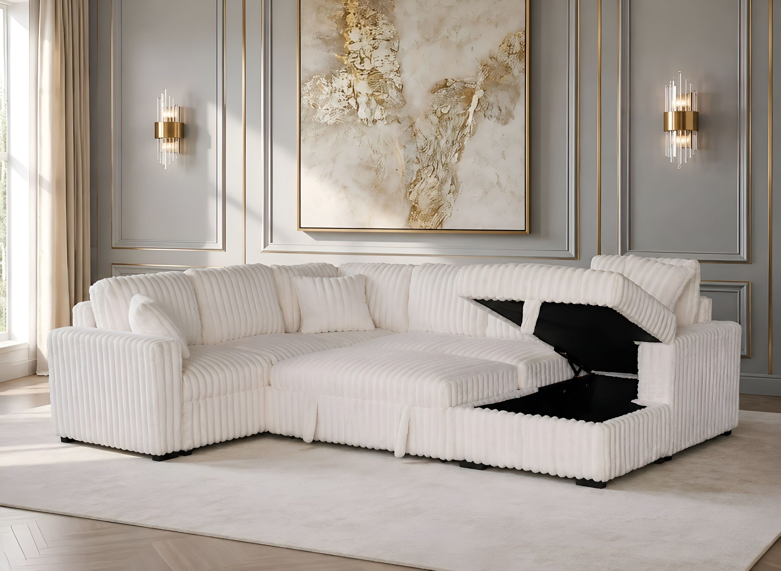 Belfort Beige Fluffy Corduroy Sleeper Sectional with Storage Chaise