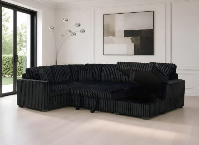 Belfort Black Fluffy Corduroy Sleeper Sectional with Storage Chaise