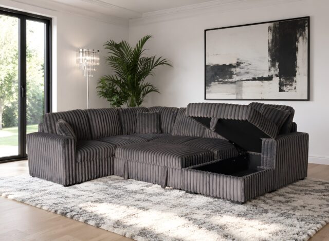 Belfort Grey Fluffy Corduroy Sleeper Sectional with Storage Chaise