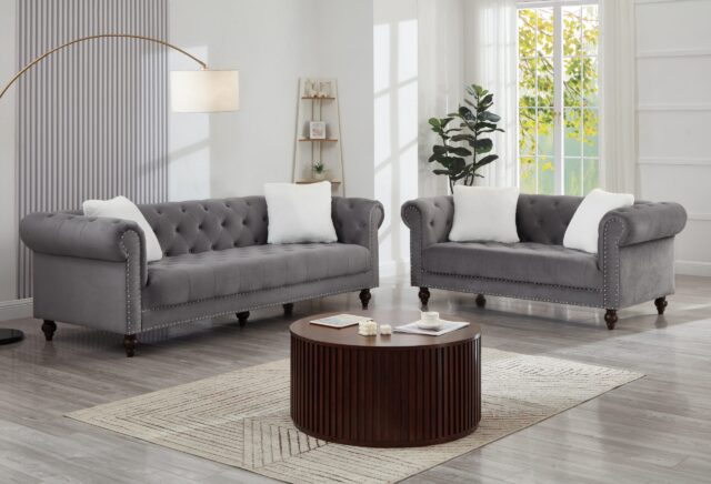 Brooke Gray Velvet Chesterfield Sofa & Loveseat