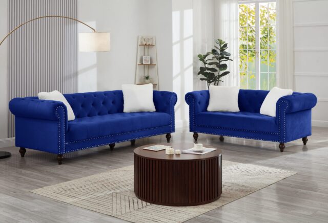 Brooke Navy Blue Velvet Chesterfield Sofa & Loveseat