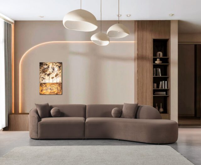 Cloe Coffee Velvet Curved 134" Right-Facing Chaise Sectional