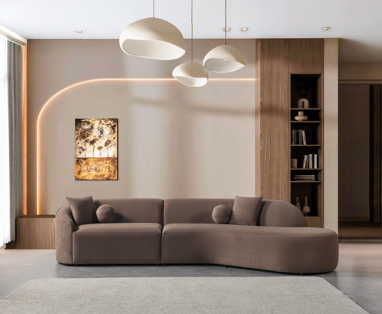Cloe Coffee Velvet Curved 134" Right-Facing Chaise Sectional