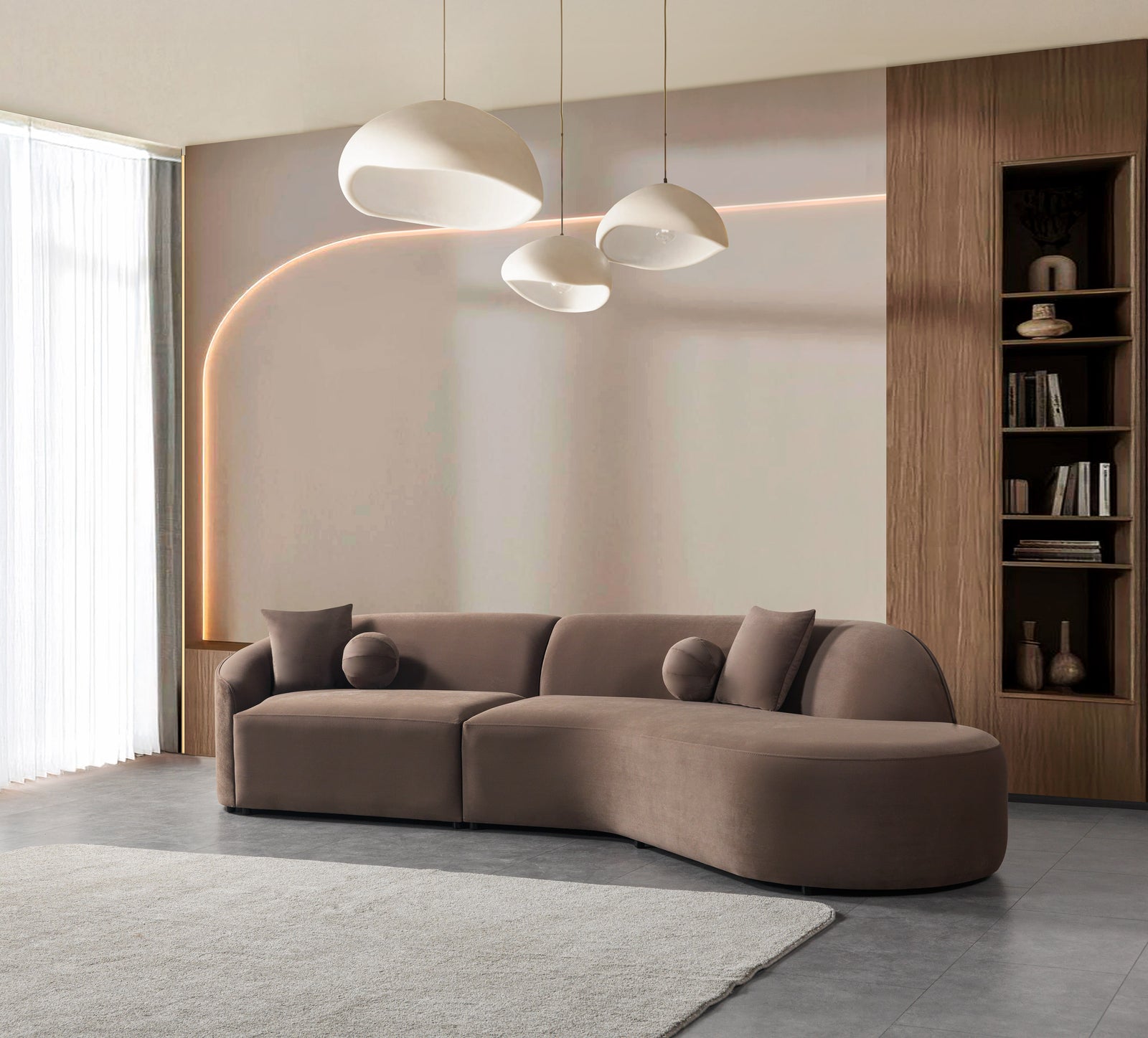 Cloe Coffee Velvet Curved 134" Right-Facing Chaise Sectional