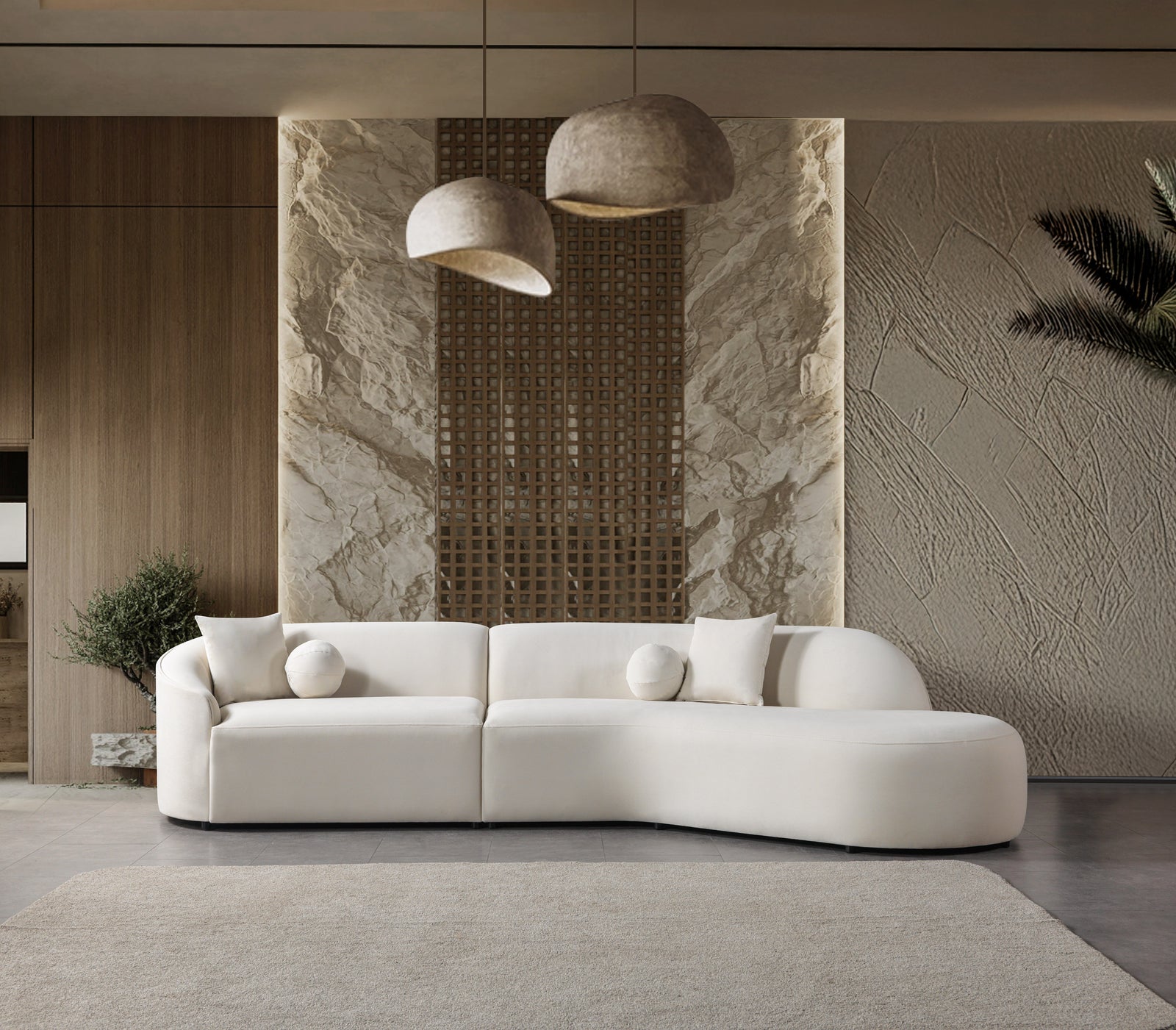 Cloe Ivory Velvet Curved 134" Right-Facing Chaise Sectional