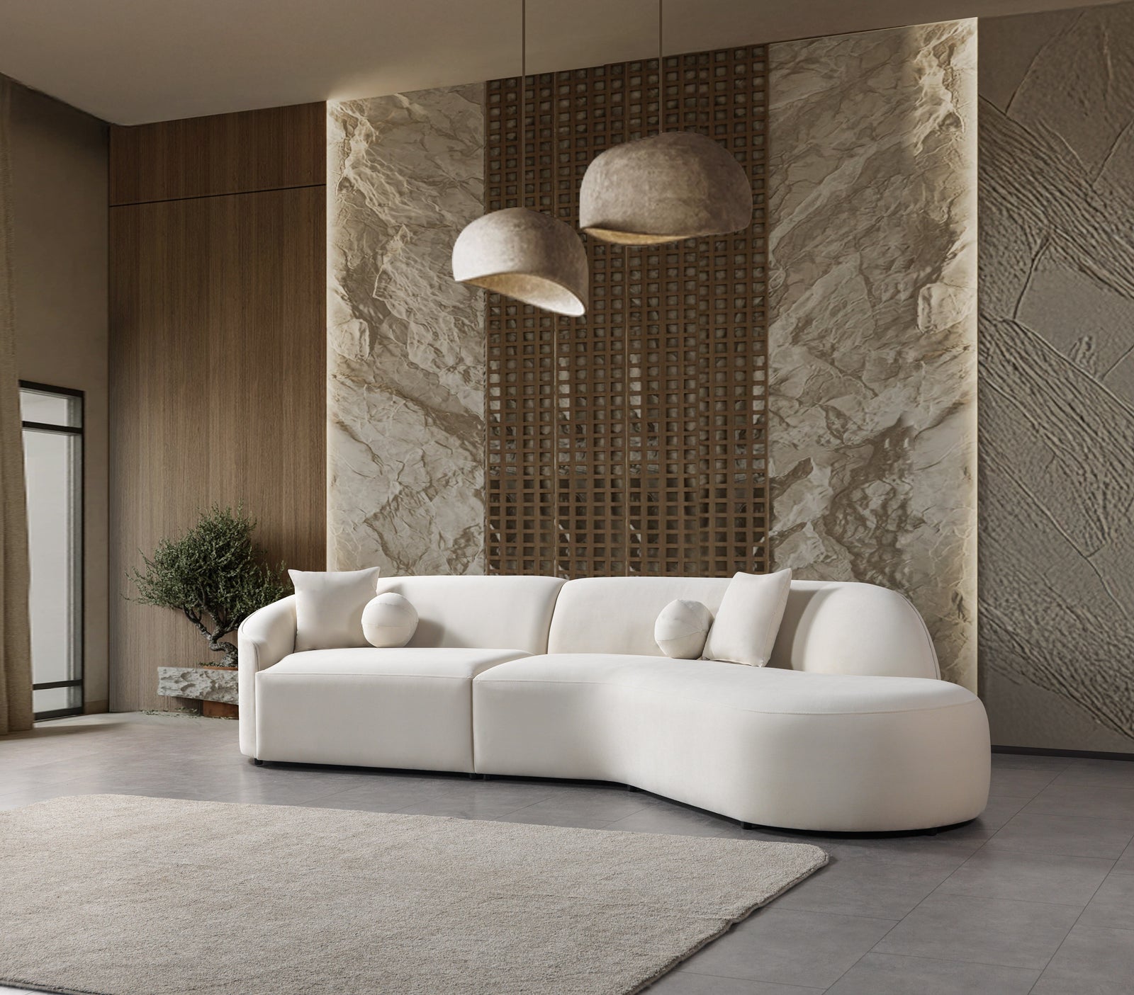Cloe Ivory Velvet Curved 134" Right-Facing Chaise Sectional