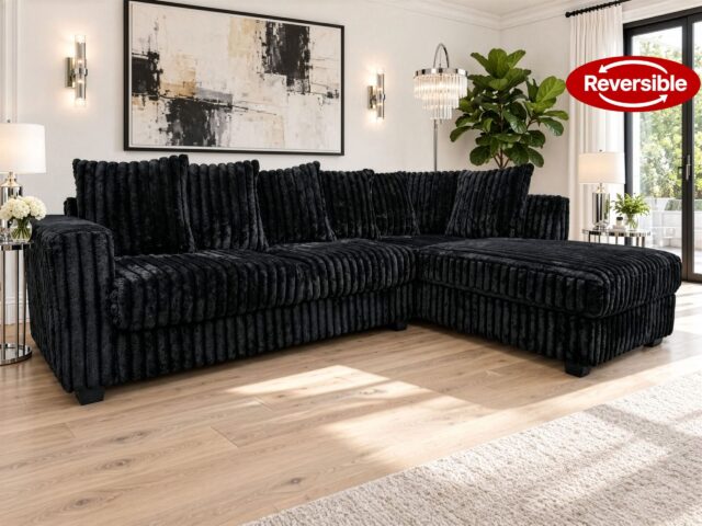 Hanna Black Fluffy Corduroy Sectional with Reversible Chaise