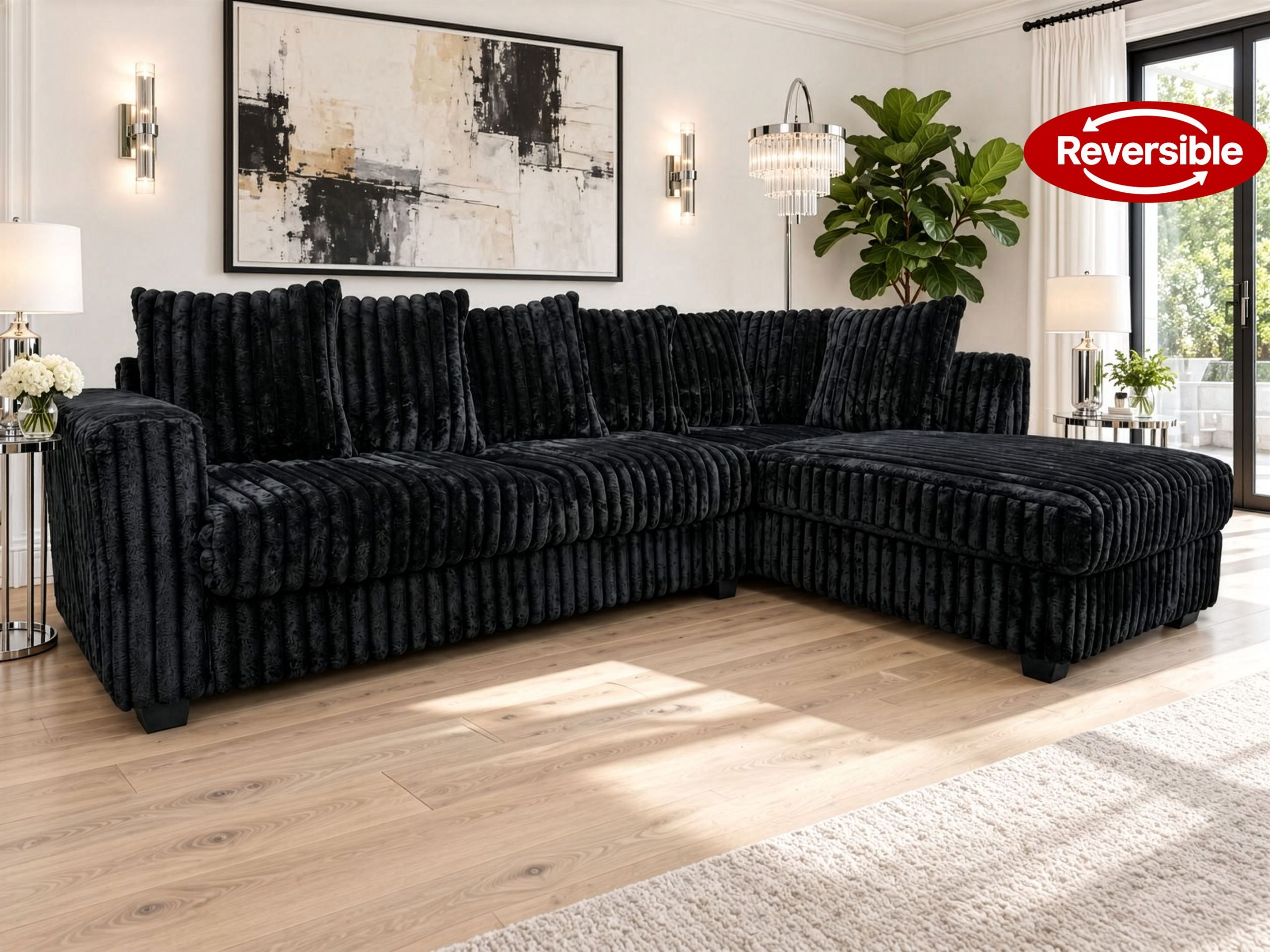 Hanna Black Fluffy Corduroy Sectional with Reversible Chaise