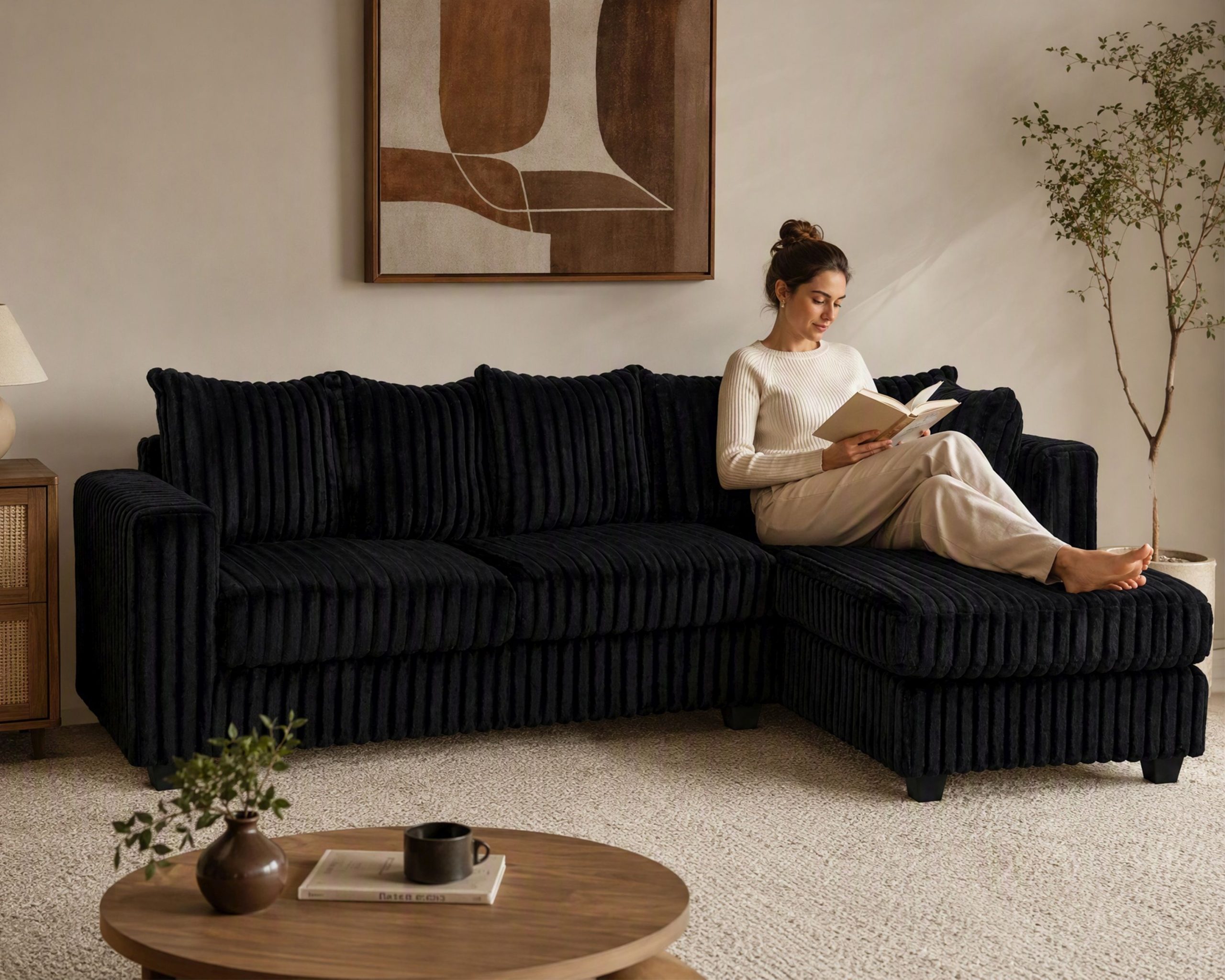 Hanna Black Fluffy Corduroy Sectional with Reversible Chaise
